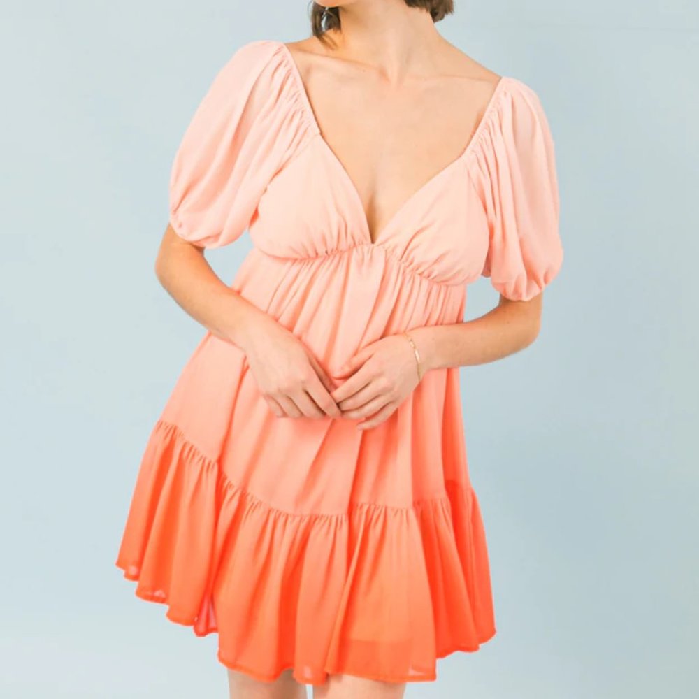 New Coral Gradient Woven Mini Babydoll Dress